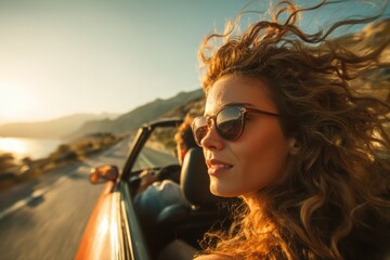 Couple in convertible car on scenic coastal road, wind in hair, sunglasses, spontaneous summer road trip