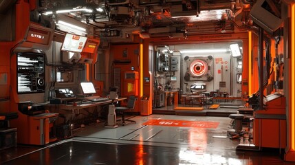 Futuristic spaceship interior orange and white laboratory workstation