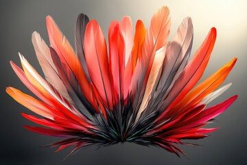 A vibrant array of red, orange, and black feathers arranged in a semi-circular fan shape.