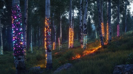 Magical forest at night illuminated trees glowing lights nature scene