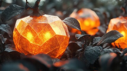Glowing geometric pumpkins dark autumn fantasy illustration
