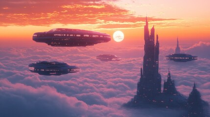 Futuristic spaceships and cloud city at sunset sci fi digital art