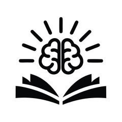 Brain above open book icon representing knowledge, education, learning, and innovation