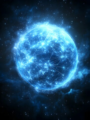 Obraz premium Glowing blue orb in space, intricate network of light lines connecting across its surface