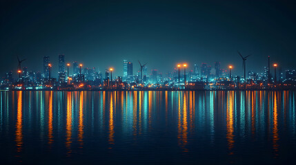 Night cityscape with industrial harbor, wind turbines, and vibrant water reflections