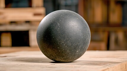A black sphere with a rough texture sits on a wooden surface.