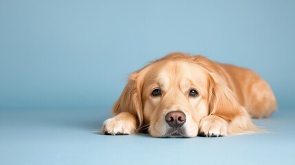 A Golden Retriever dog lying down with its head on its paws.