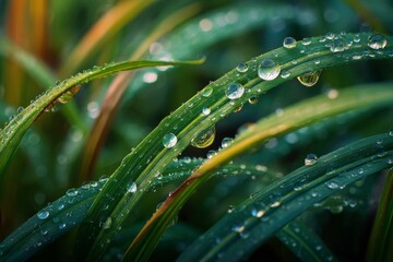 Naklejka premium Lush green blade adorned with glistening water droplets in a serene, natural setting featuring macro photography.