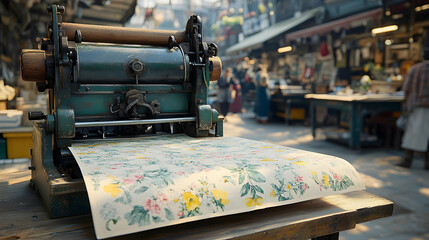 Fototapeta premium Antique printing press printing floral wallpaper in a bustling marketplace