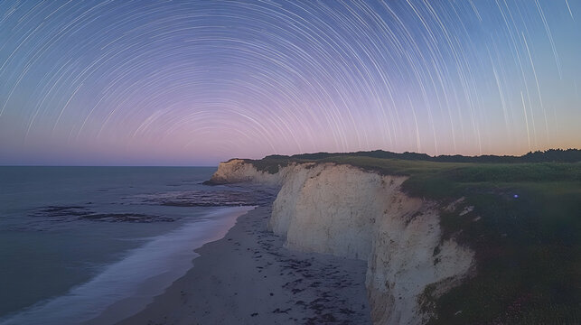 Coastal cliffs under a star-trail night sky