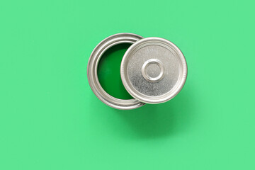Can of green paint on color background