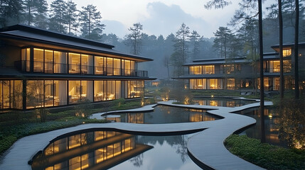 Fototapeta premium Modern, serene resort nestled in a forest, featuring low-rise buildings with illuminated windows, reflecting in tranquil water features and winding pathways