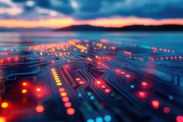 Glowing circuit board at sunset, depicting technological advancement and connection with nature.