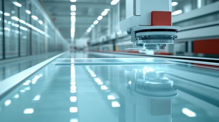 Obraz premium Robotic arm processing glass sheet on conveyor belt in factory
