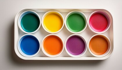 a white tray with nine different colored circles of paint on it