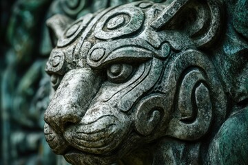Close-up of a weathered stone carving depicting a feline creature with intricate details and patterns.