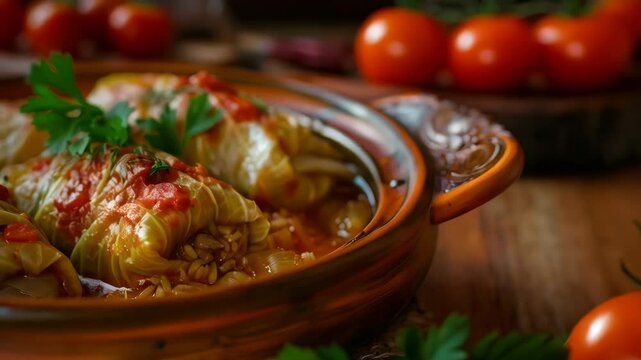 Romanian sarmale in a clay dish, cabbage rolls stuffed with minced meat and rice. A traditional and flavorful dish from Romania