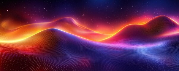 Obraz premium Abstract landscape of glowing, undulating hills under a starry night sky. Vibrant colors of orange, red, and blue create a surreal, otherworldly atmosphere