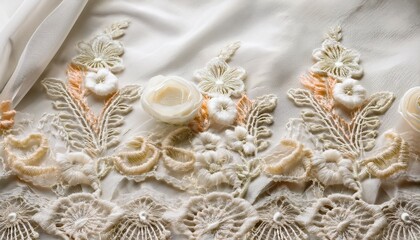 closeup of textured fabric pattern with elegant vintage lace and floral hand embroidery on a white background decorative wedding design