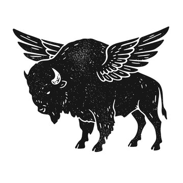 buffalo with wings, grunge texture vintage illustration