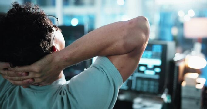 Relax, back and coding with person and computer for software developer, programmer update and stretching. Research, backend script and app project with employee in agency for web design and review