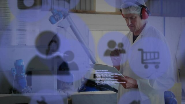 factory technician inspecting machinery with tablet, animated user, cart and code icons hovering