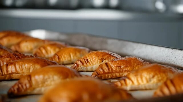 Maltesian pastizzi on a baking sheet, freshly baked with a ricotta or pea filling. A traditional and savory pastry from Malta