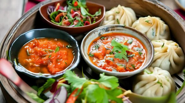 Nepalese momo on a steamer tray, served with a tomato-based dipping sauce. A traditional and flavorful dish from Nepal