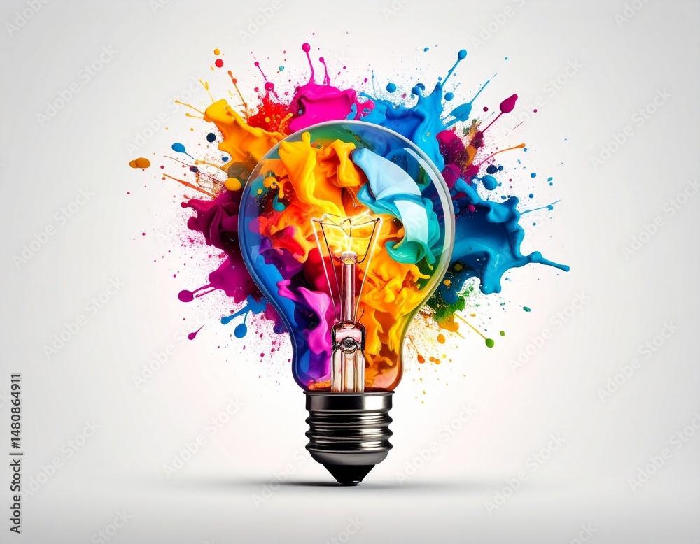 Poster creative light bulb explodes with colorful paint and colors. new idea, brainstorming concept