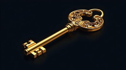 An ornate, golden key rests on a dark surface, its intricate details and metallic sheen catching the light.  It suggests access, secrets, or antiquity