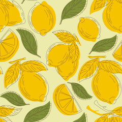 Colorful seamless pattern with yellow lemons, slices, and green leaves. Fresh and summery motif for packaging, fabrics, and decorative backgrounds.