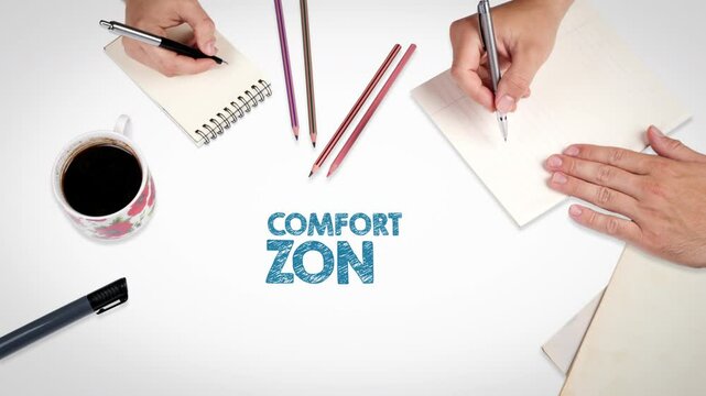 Comfort Zone Concept. Illustration with icons, keywords and arrows. The meeting at the white office table. 4K Video