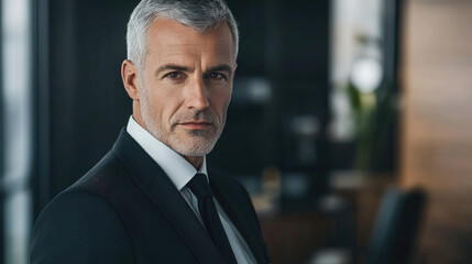 Fototapeta premium Portrait of a distinguished, gray-haired man in a tailored suit, gazing confidently