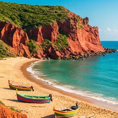 Red cliffs of Canoa Quebrada contrasting with the turquoise sea and colorful rafts on the sand. ‘Travel photography’ style, striking textures, cloudless sky.