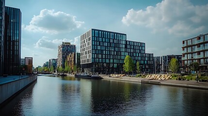 Obraz premium Modern Buildings Along a Canal in a City