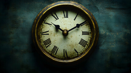 Antique clock with Roman numerals on a dark textured background, showing the time