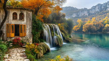 Fototapeta premium Autumnal waterfall cascading into a serene lake beside a stone house with orange shutters