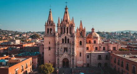 Fototapeta premium San Miguel de Allende Church: Majestic Architecture in Mexico - Historic church, colonial architecture, Mexican heritage, high-resolution , sunlit facade