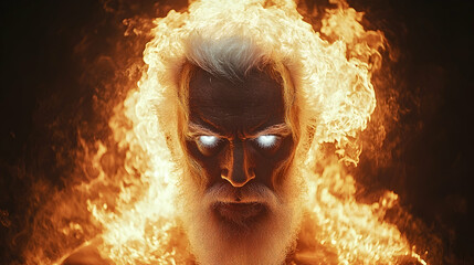 Fiery-haired, intense-eyed elder man engulfed in flames