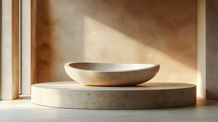 Sunlit beige bowl rests on a circular wooden platform against a textured wall
