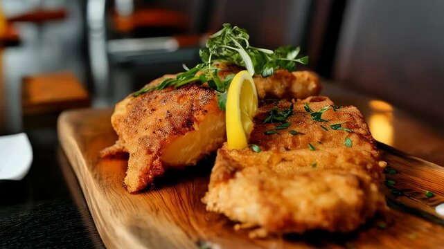 A classic German schnitzel served on a wooden cutting board, featuring a crispy breaded meat escalope with a lemon wedge.
