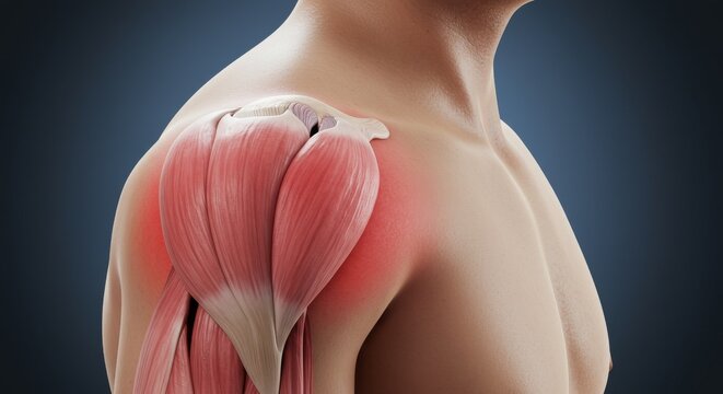 Shoulder Muscle Anatomy and Pain - Detailed anatomical illustration of shoulder muscles with highlighted pain area. Ideal for medical, healthcare, and fitness websites