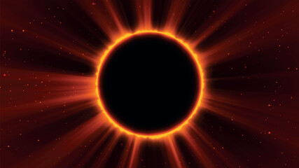 Abstract fantasy background. Amazing scientific natural phenomenon. Total solar eclipse with bright ring effect glowing with rays. Solar corona is visible. Vector illustration.