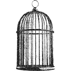 Fototapeta na wymiar Empty bird cage illustration with vintage halftone stipple effect. Grunge punk collage design element inspired by retro grungy aesthetics. Vector illustration