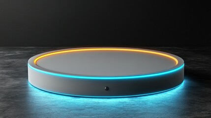 Empty white circular podium with blue and orange neon light