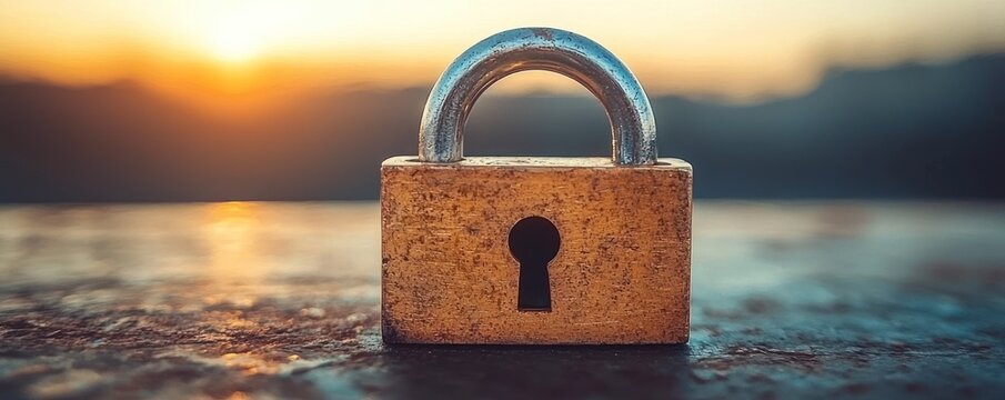 A weathered padlock rests on a surface, sunset blurring in the background.  Security, protection, and solitude are evoked