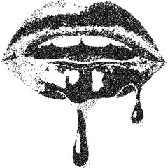 Fototapeta na wymiar Dripping lips with halftone stipple effect in a grunge punk style. Retro photocopy-inspired texture with edgy dotwork. Vector illustration for rebellious and surreal collage design