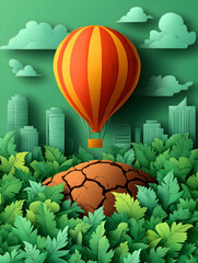 A hot air balloon floats above a parched earth hidden by lush foliage, a city skyline in the background, suggesting environmental contrast