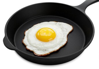 Single Fried Egg in Black Cast Iron Pan - A perfectly fried egg with a runny yolk sits in a black cast iron skillet. Simple, healthy, breakfast, cooking, food