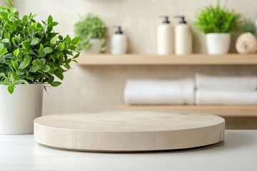 Clean modern bathroom counter with wooden surface, potted plants, white towels, and natural cosmetic containers on a beige wall.
